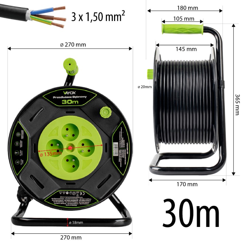 Przedłużacz bębnowy VAYOX VA0435-30 30 m 4 gniazda 3×1,5 mm²